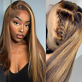 QVR Gluless Pre-cut 13x4 HD Lace Frontal Human Hair Wigs Straight Piano Highlight Brown Wear & Go Wigs