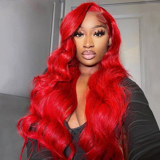 32 Inch Red Color Lace Front Wigs Body Wave Transparent 13x4 Lace Front Wig with Pre Plucked