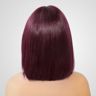 QVR Silk Straight 99J Color Machine Made Bob Wig With Bangs Straight Human Hair Wigs No Lace