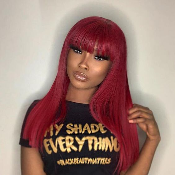 Flash Sale|Burgundy Straight Machine Made Wig With Bang No Lace