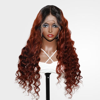 QVR 1B/33 Glueless Affordable Loose Deep Wave 4x4/5x5 Lace Closure Ombre Reddish Brown Colored Wigs