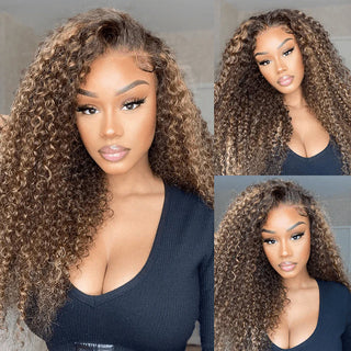 QVR Glueless Pre-cut 4x6 HD Lace Closure Human Hair Wigs Kinky Curly Piano Highlights Color Wear Go Wig