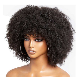 QVR Wear&Go Afro Curly No Lace Glueless Short Machine Made Wig With Bangs 100% Human Hair