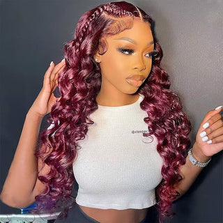 99j Burgundy Loose Deep Wave Wig Beautiful Crimp Wave 13x4 Lace Frontal | 4x4 Closure Human Hair Wigs