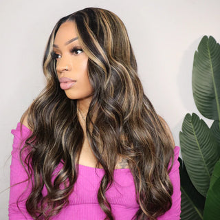 QVR Balayage Highlight Color 4x4 Transparent Lace Closure Invisible knots Pre-Plucked Body Wave Wig