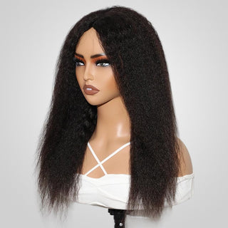 QVR V Part Kinky Straight Protective Style Wigs No Lace No Gel Glueless Kinky Human Hair Wigs For Women