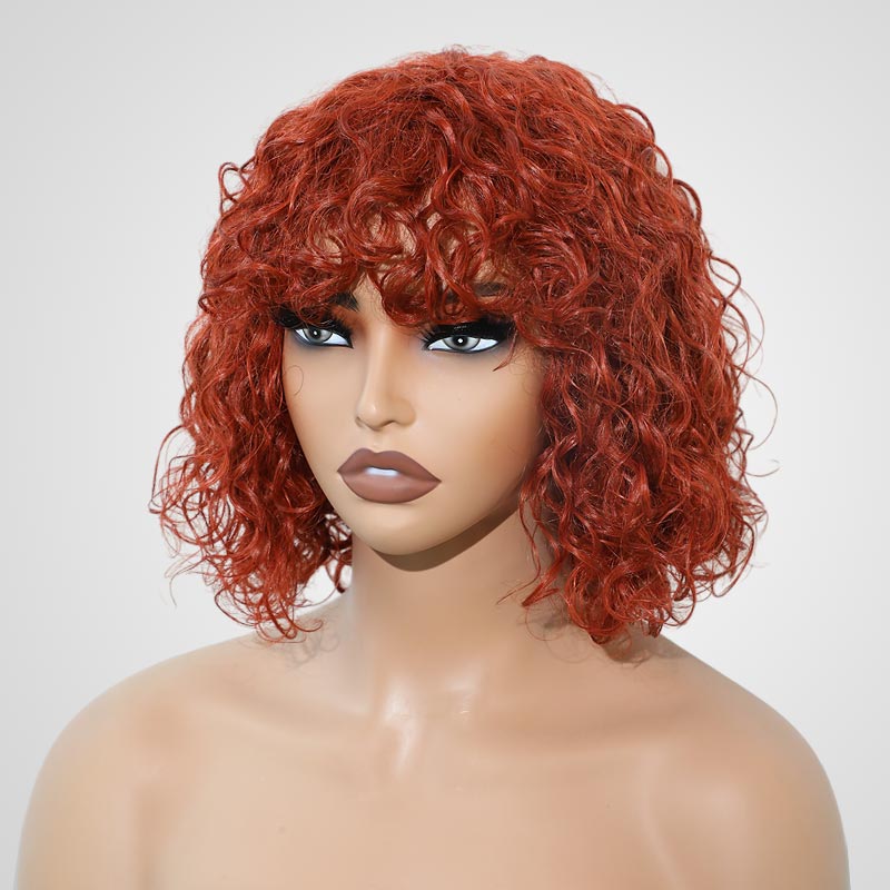 QVR Ginger Orange Color Water Wave Machine Made Wig With Bang Short Bob Wigs