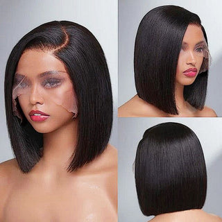 QVR Sliced Cut Straight Short Bob Wig Wide C Lace Natural Black Human Hair Wigs