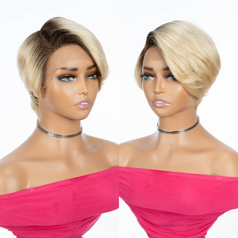 QVR TikTok Pixie Cut Style Short Hair Highlight T4/613 Color T Part Lace Frontal Human Hair Wig