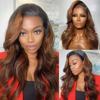 QVR Body Wave Hair 1B/30 Ombre Honey Brown Color Glueless 13x4 Lace Frontal Wig 100% Virgin Human Hair Wigs