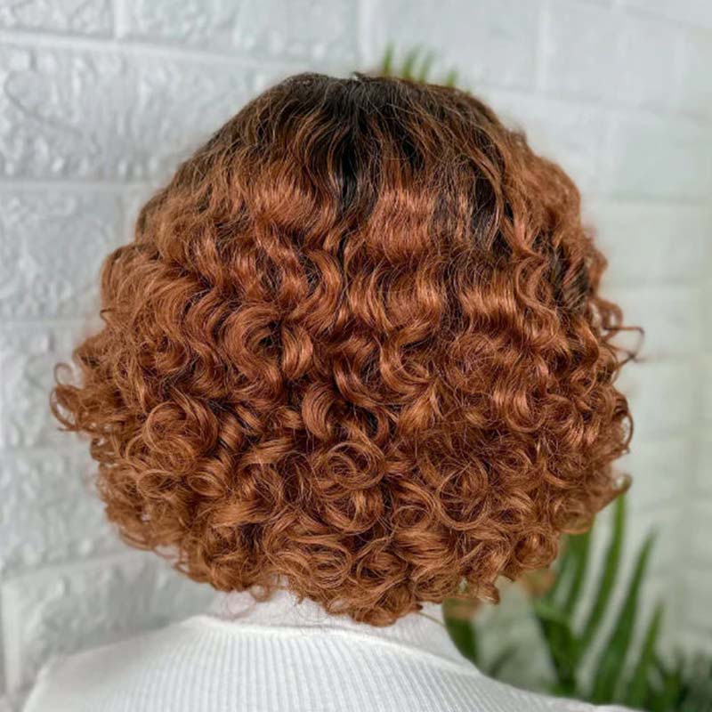 QVR Glueless Pre-cut 4X6 Lace Closure Side Part Wigs Short Bob Curly Mix Brown Human Hair Wigs