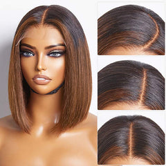 QVR Glueless Straight Ombre Brown Highlight Silky Blunt Cut 5x5 Lace Closure Short Bob Wigs 