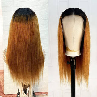 QVR Straight Hair 1B/30 Ombre Honey Brown Color Glueless 4x4 Lace Closure Wig 100% Virgin Human Hair Wigs