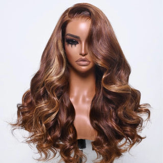 QVR Highlights 13x4 Lace Front Brown Body Wave Wigs Bleached Knots 4x4 Lace Closure Wigs