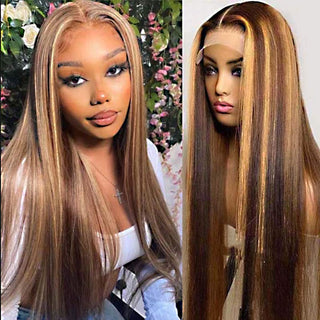 QVR Honey Blonde Highlight Straight 4x4 Lace Closure Wig Human Hair 13x4 Lace Front Wig