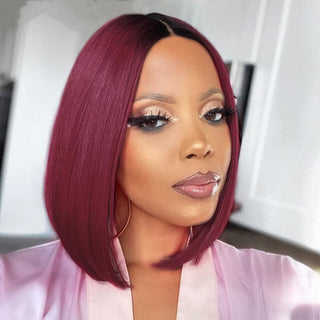 QVR 1B/99J Burgundy Color Hair Short Bob Wigs Straight Human Hair Wigs Short Lace Wigs With Dark Roots
