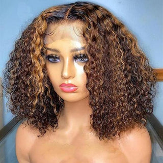 QVR Highlight Deep Curly Bob Human Hair Wigs Ombre Honey Brown 4x4 Lace Closure Wigs