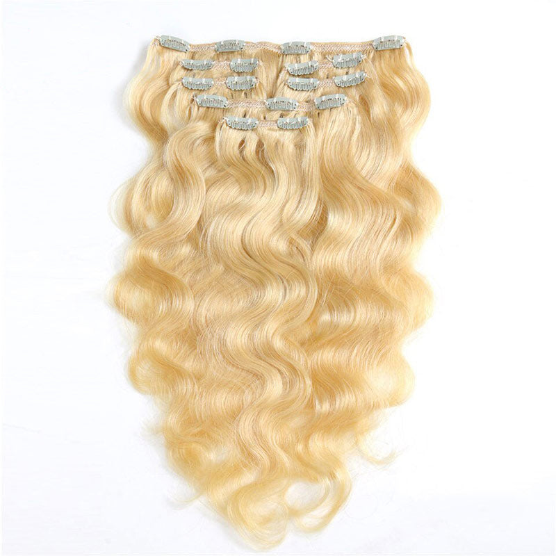 QVR Blonde Body Wave Hair 7Pcs Clip in Hair Extension Brazilian Highlight Color Virgin Human Hair