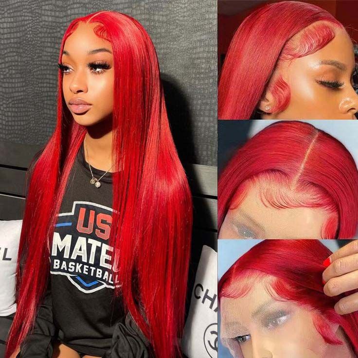 30 pouces rouge cheveux raides sans colle perruques 13x4 HD dentelle frontale perruque colorée porter et aller perruques de cheveux humains