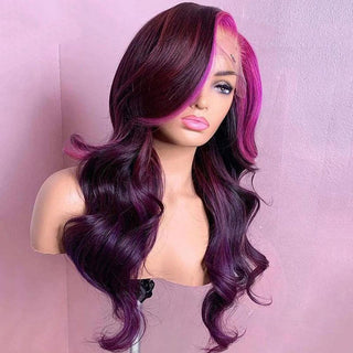 QVR Highlight Money Piece Pink Purple 13x4/13x6 Lace Front Straight Human Hair Wig Body Wave Wig