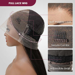 QVR Brazilian Straight Full Lace Wig Handmade Natural Black Human Hair Knotless Wigs