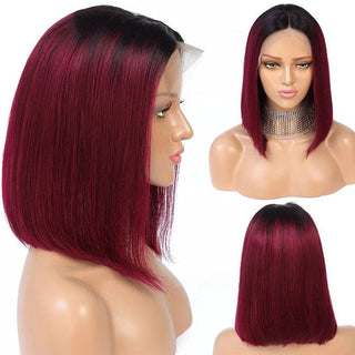 QVR 1B/99J Burgundy Color Hair Short Bob Wigs Straight Human Hair Wigs Short Lace Wigs With Dark Roots