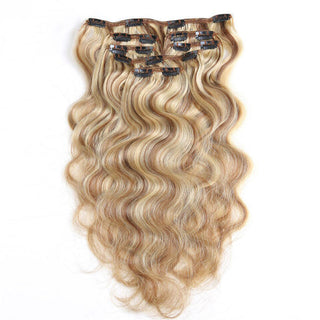QVR Blonde Body Wave Hair 7Pcs Clip in Hair Extension Brazilian Highlight Color Virgin Human Hair