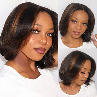 QVR Swoopy Layers Trim 5x5 Closure Stacked Bob Wig Brown Highlights Human Hair