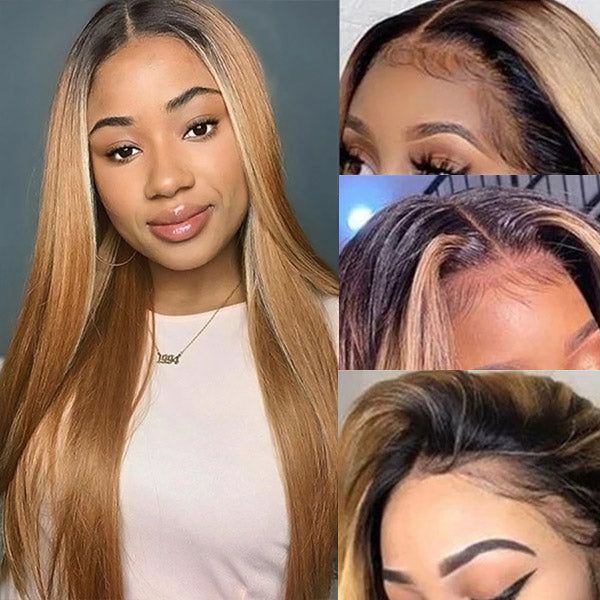 QVR Straight 1B/27 Honey Blonde 4x4 Lace Closure Wigs with Dark Roots For Black Women Human Hair Wigs