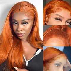 QVR Ginger Orange Straight Glueless Wigs Brazilian Virgin Hair Lace Frontal Wig Pre Plucked with Baby Hair 