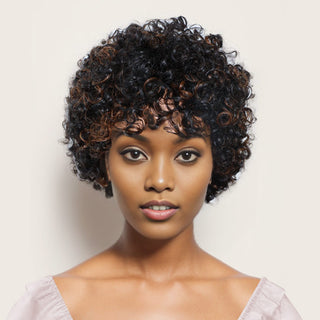 QVR Brown Highlights Short Curly Wigs with Cute Bang for Black Women