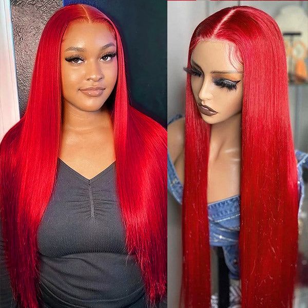 QVR Pre Plucked Red Color Straight 13x4 Lace Front Wig Colored Nature Hairline Human Hair Wigs
