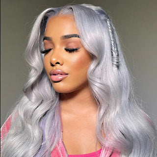QVR Silver Grey Body Wave/Straight Brazilian Human Hair Transparent 13x4 Lace Frontal Wig