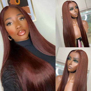 QVR Pre-cut 4x6 HD Lace Closure Human Hair Wig Straight/Body Wave #33 Colored Reddish Brown Wig