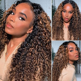 QVR Glueless Pre-cut Curly 13x4 Lace Frontal Human Hair Wigs Highlight Balayage Color Wigs Beginner Friendly