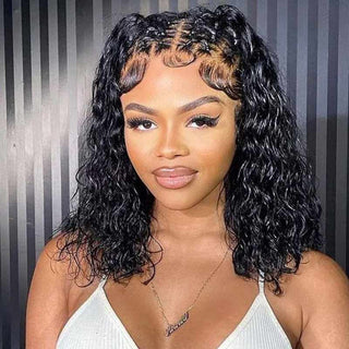 QVR Water Wave Glueless 13x4/4x4 Lace Frontal Short Bob Wigs Natural Black Blend Perfectly Wig