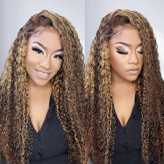 QVR Balayage Funmi Curly Glueless 5x5 Lace Closure Wig Brown Highlights Human Hair Wigs