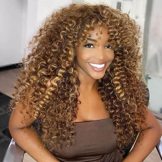 VIP Exclusive|Highlight Curly No Lace Piano #4/27 Color Glueless Machine Made Wig With Bangs
