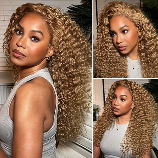 QVR #27 Blonde Curly Pre Plucked Real 13x4 Lace Frontal Wigs 180% Density Deep Parting Human Hair Wigs