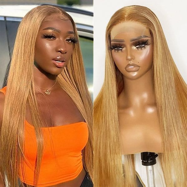QVR Straight Wig Virgin Human Hair Lace Closure & Frontal Glueless Wigs with Baby Hair Golden Blonde Color #27