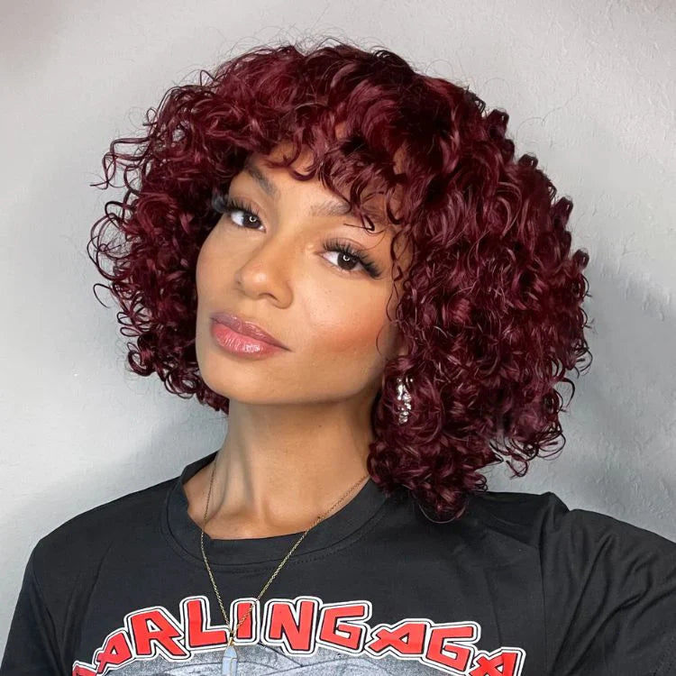 Burgundy Water Wave Short Pixie Cut Wigs With Bangs