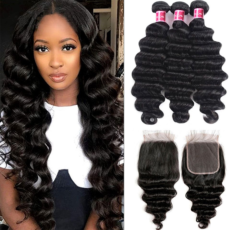 Loose Deep Wave Bundles with Closure Peruvian Hair Bundles with Closure Remy 100% Human Hair Bundles with 4x4 lace Closure