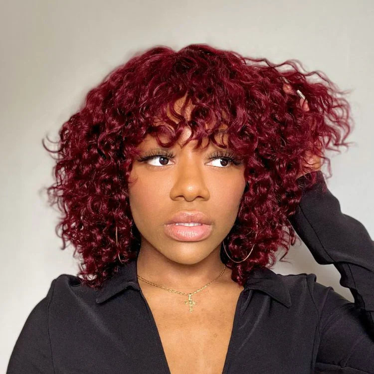 Burgundy Water Wave Short Pixie Cut Wigs With Bangs