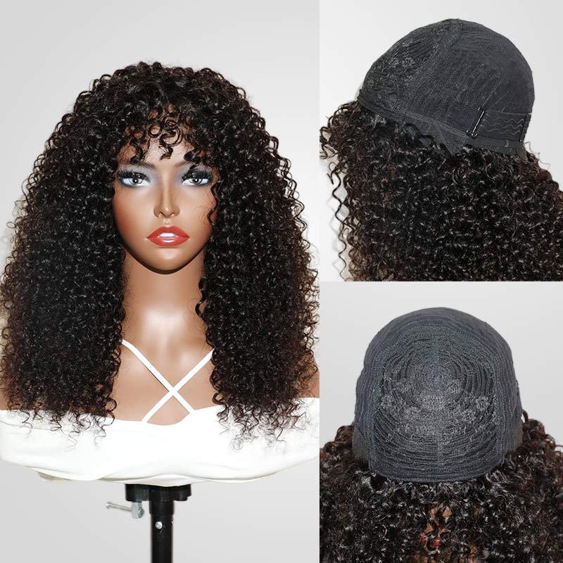 QVR Highlight Curly No Lace Piano #4/27 Color Glueless Machine Made Wig With Bangs