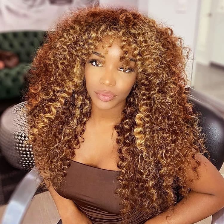QVR Highlight Curly No Lace Piano #4/27 Color Glueless Machine Made Wig With Bangs