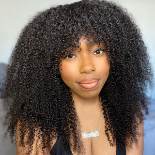 QVR Wear&Go Afro Curly No Lace Glueless Short Machine Made Wig With Bangs 100% Human Hair