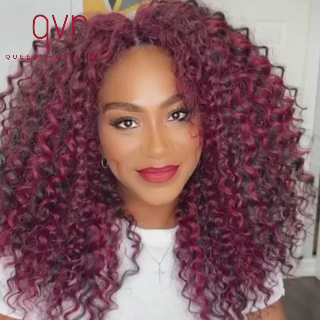 QVR Lightweight Ripple Deep Curl Burgundy Highlight Crochet Braid Hair Extensions