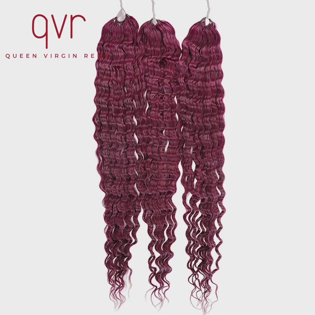 QVR Lightweight Burgundy Deep Wave Feather Crochet Braid Human Hair Extensions