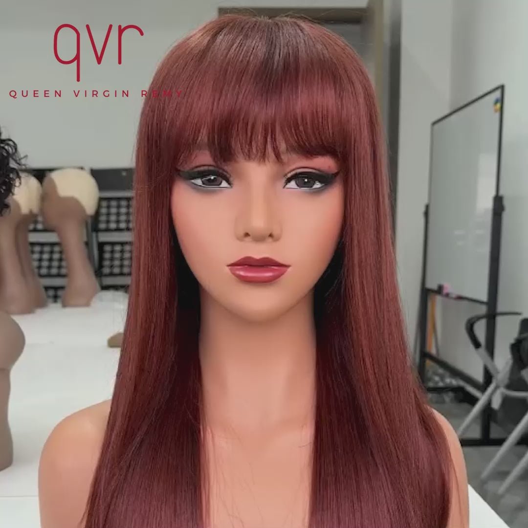Perruque Lace Front Wig 13x4 droite brun rougeâtre avec frange perruque de cheveux humains fabriquée à la machine facile à emporter