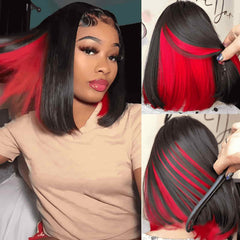 QVR Glueless 13x4 Peekaboo Highlights Red Colored Transparent Lace Human Hair Bob Wigs 
